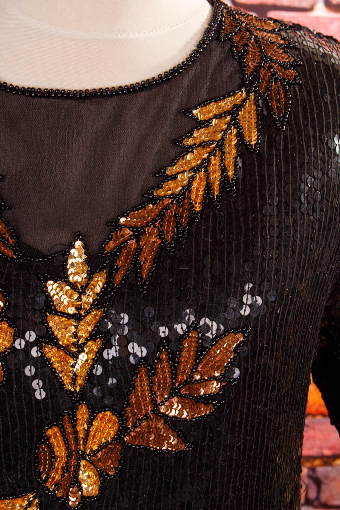 Vintage Paillettentop schwarz gold 80er 90er Abendmode Boho Disco Frau gold L 44-46 M 40-42 schwarz Special vintageberlin.de