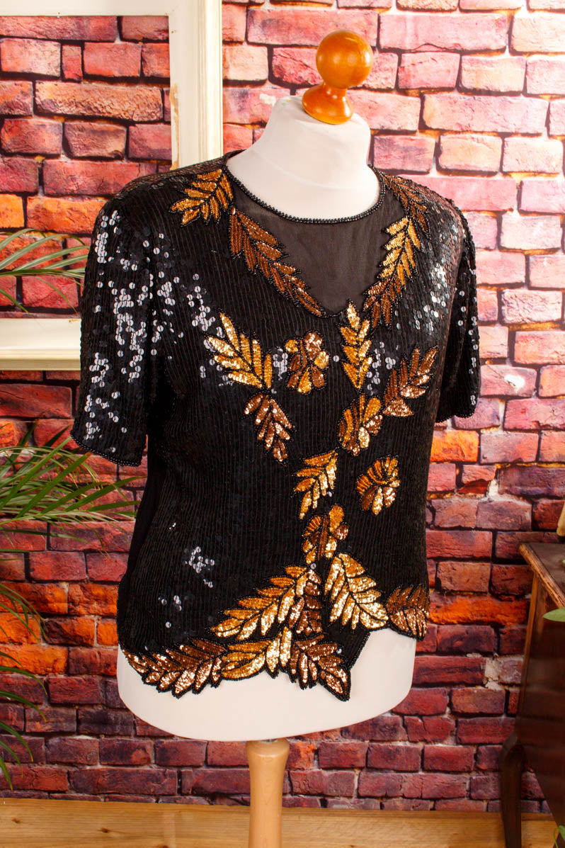 Vintage Paillettentop schwarz gold
