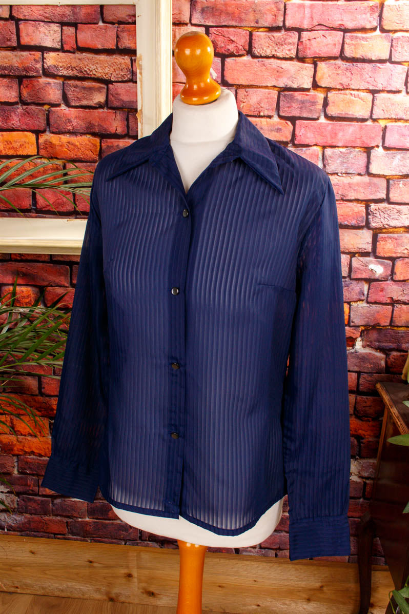 70s Bluse blau Streifen Megakragen