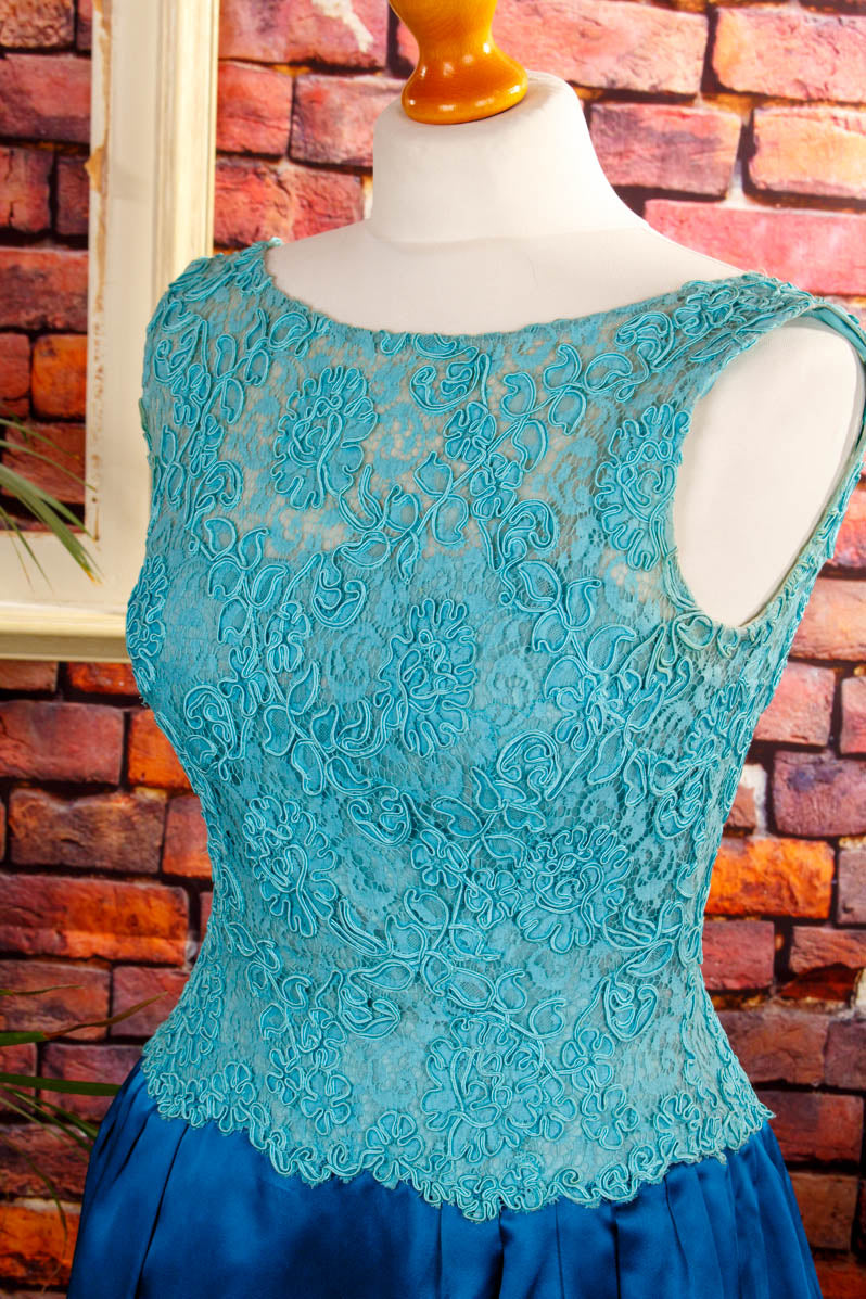 50er Kleid blau Türkis Satin Spitze