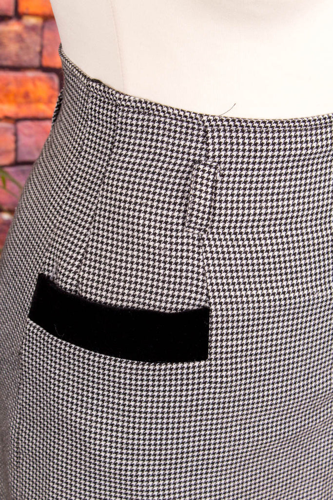 High Waist Rock grau kariert 80er Disco Frau grau real-80er Sekretärin Special XS 32-34 vintageberlin.de