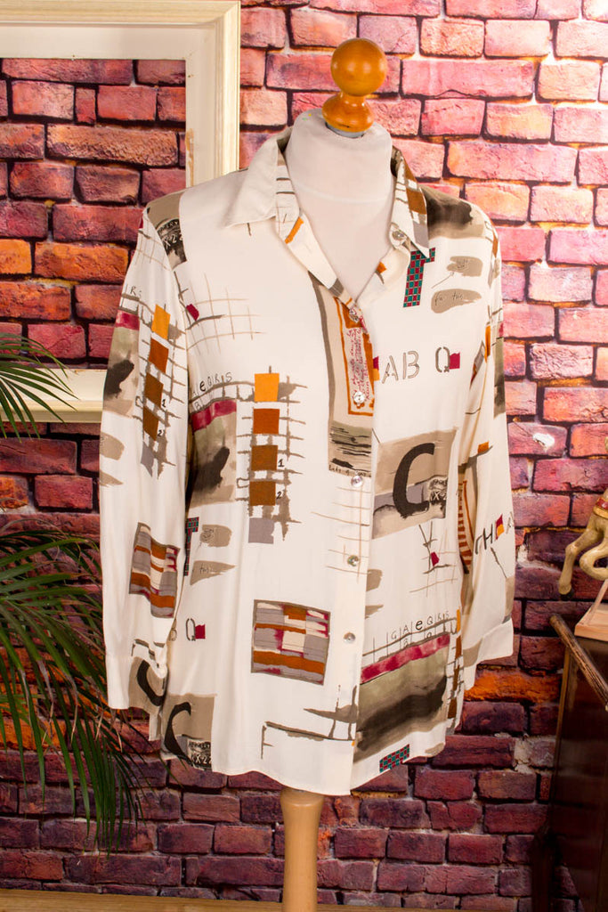90s Bluse beige Muster Default Title 80er 90er beige Boho bunt Disco Frau M 40-42 Rockabilly Special vintageberlin.de