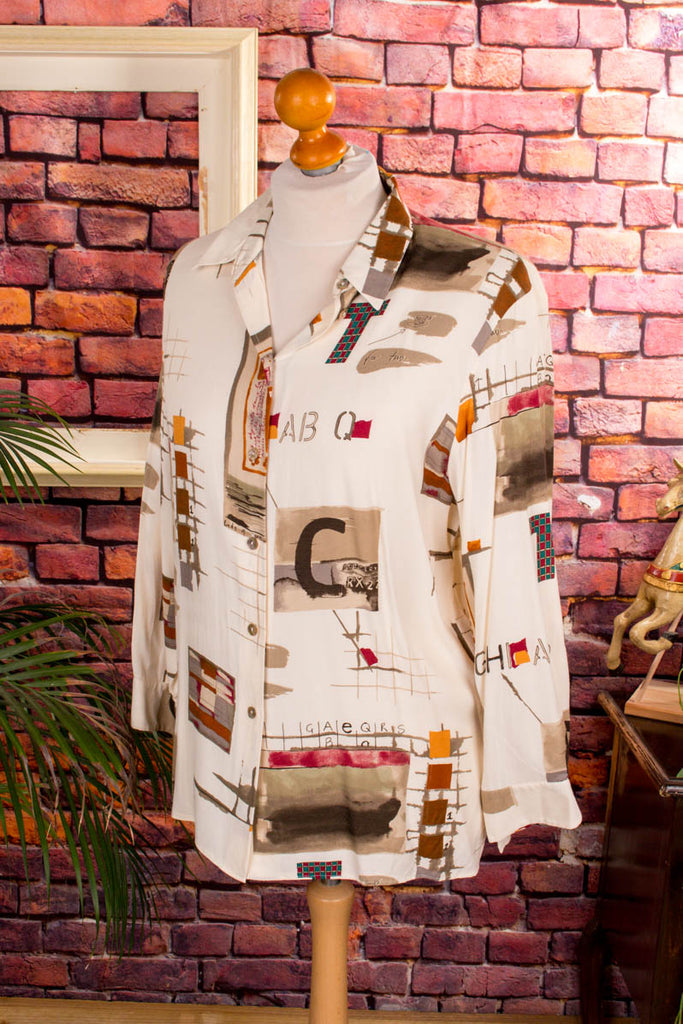 90s Bluse beige Muster 80er 90er beige Boho bunt Disco Frau M 40-42 Rockabilly Special vintageberlin.de