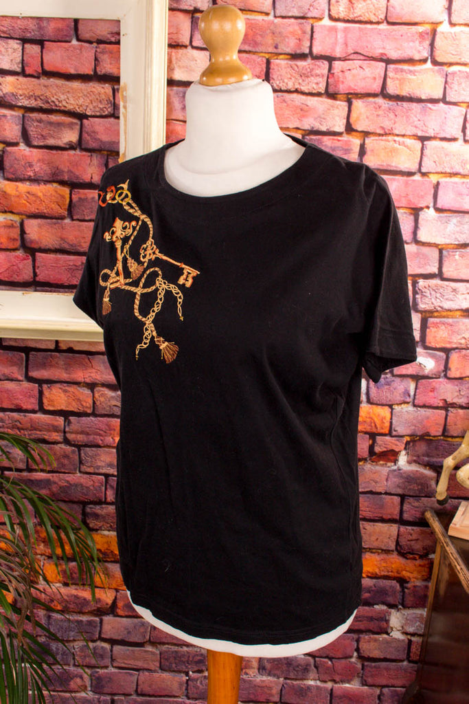 Vintage T-Shirt bestickt 90er Disco Frau M 40-42 schwarz vintageberlin.de