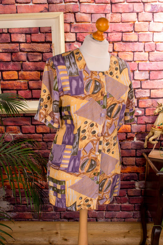 Vintage Seidentop bunt Muster 90er bunt Frau gelb lila M 40-42 S 36-38 Special vintageberlin.de