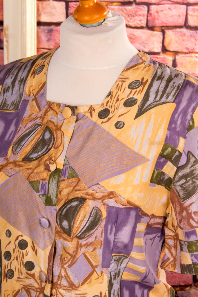 Vintage Seidentop bunt Muster 90er bunt Frau gelb lila M 40-42 S 36-38 Special vintageberlin.de