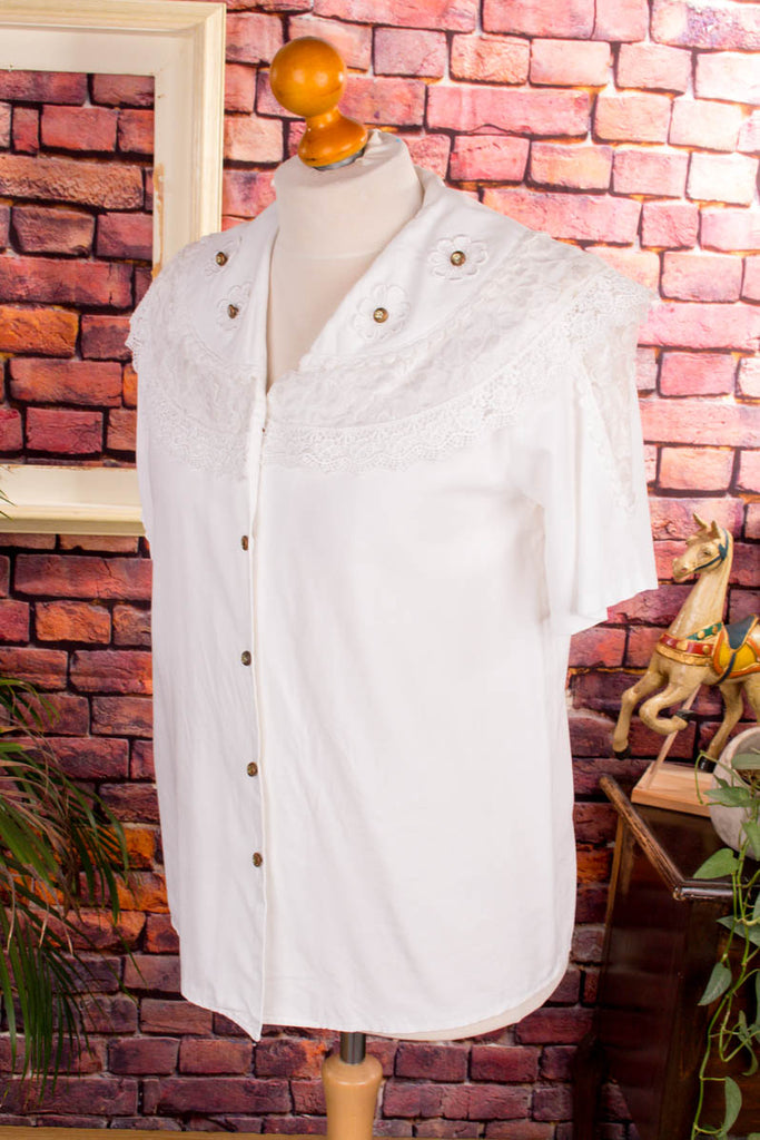 80s Rüschenbluse weiß Kragen 80er Boho Disco Frau M 40-42 real-80er Special weiß vintageberlin.de