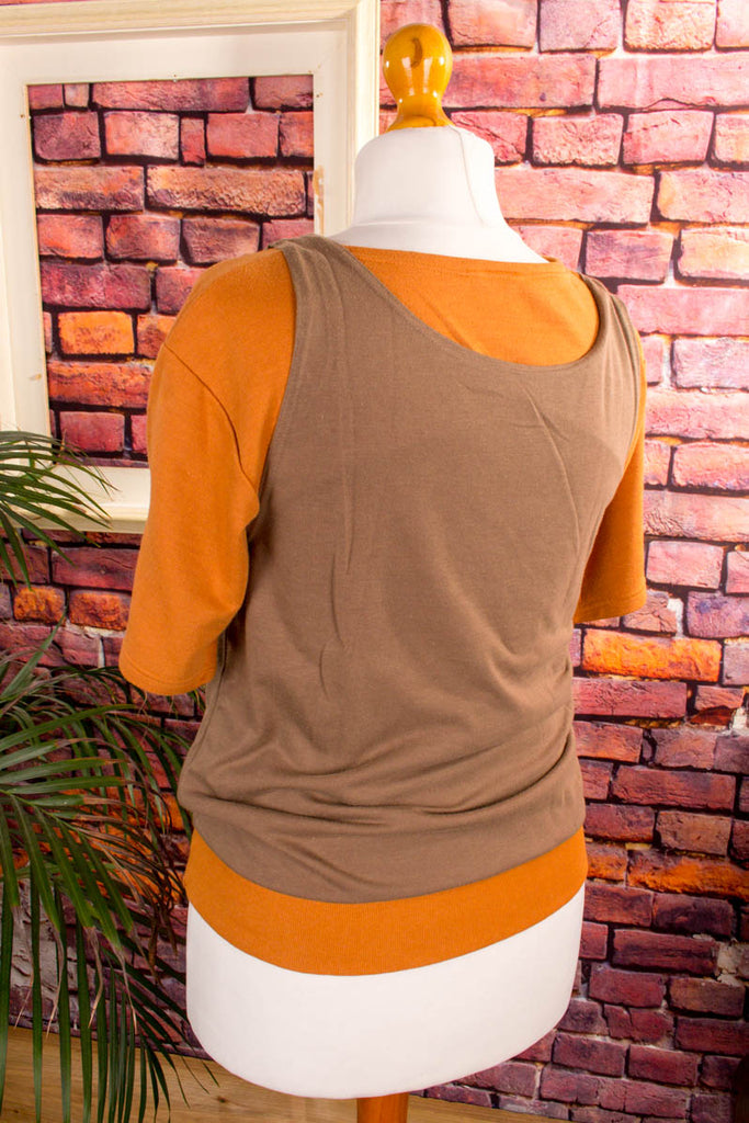 80s lagen-Top senf-beige 80er 90er beige braun Frau gelb M 40-42 Rockabilly S 36-38 Special vintageberlin.de