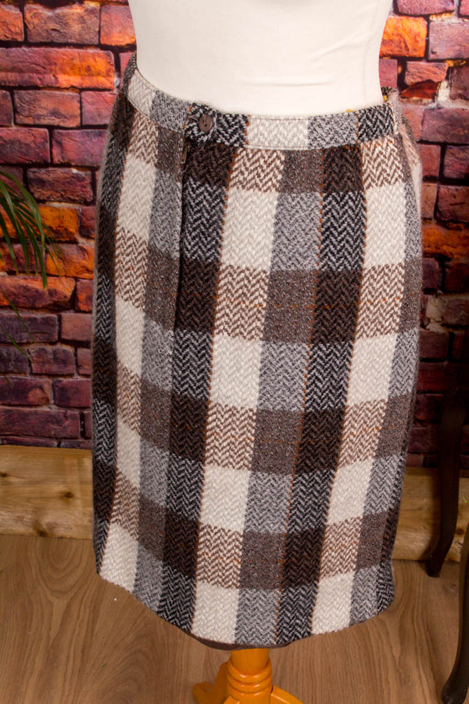 Wolle Winterrock braun Fischgrät 70er 80er beige braun Frau M 40-42 real-rockabilly Rockabilly Sekretärin Special vintageberlin.de