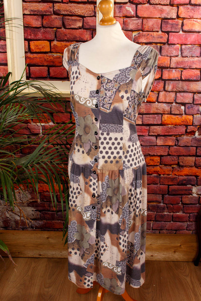 90s Stretchkleid beige Muster 90er beige braun Frau M 40-42 Special vintageberlin.de