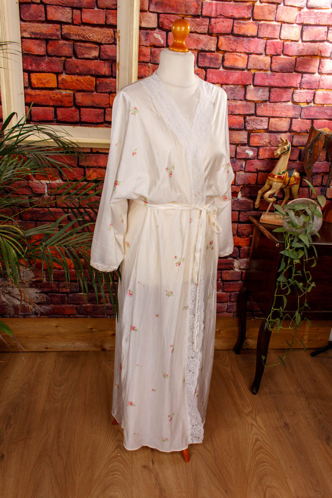 Morgenmantel weiß Blumen 70er 80er Boho Frau L 44-46 M 40-42 real-boho Rockabilly Special vintageberlin.de