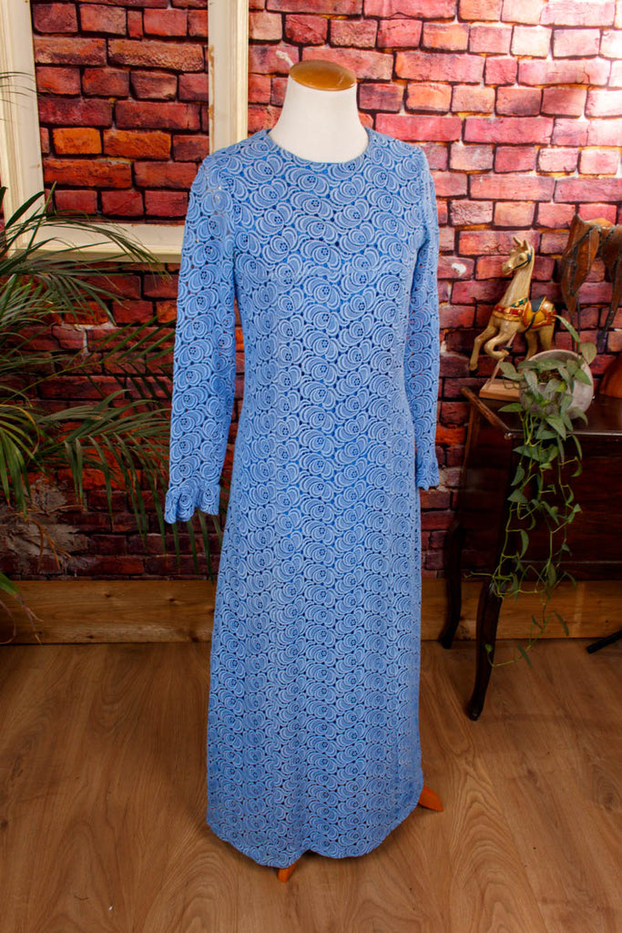 Schlager Abendkleid blau Spitze 60er 70er Abendmode blau Boho Disco Frau Hippie real-boho real-disco S 36-38 Schlager Special vintageberlin.de