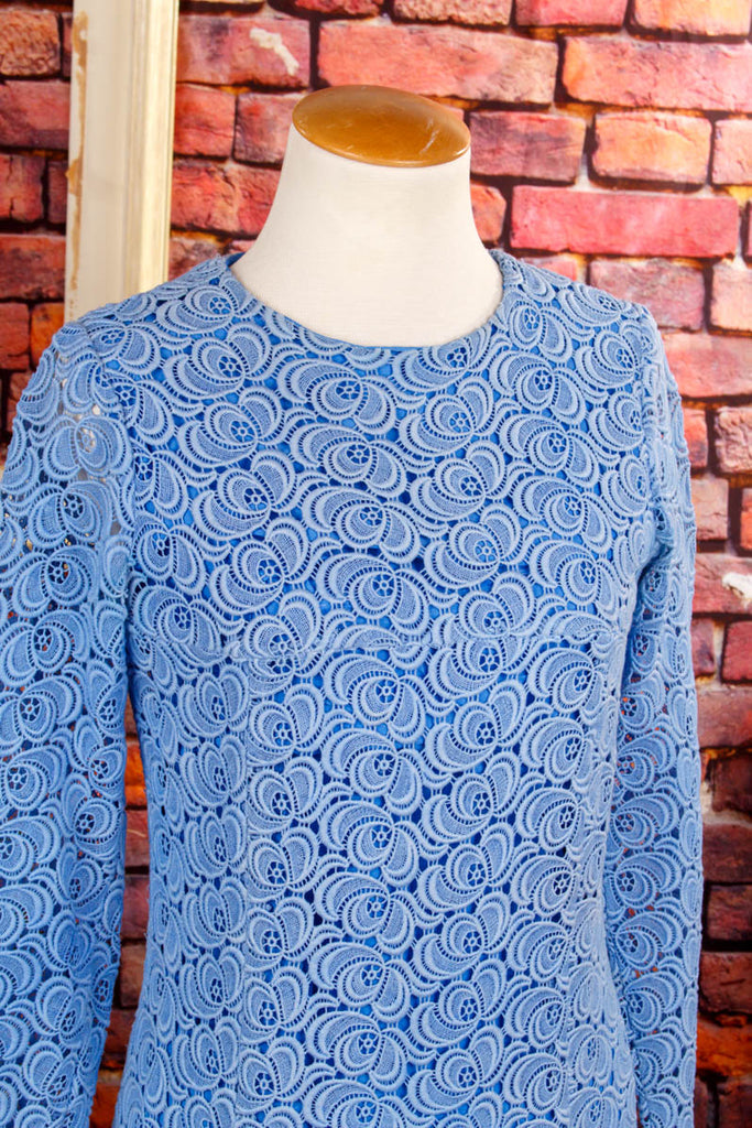 Schlager Abendkleid blau Spitze 60er 70er Abendmode blau Boho Disco Frau Hippie real-boho real-disco S 36-38 Schlager Special vintageberlin.de