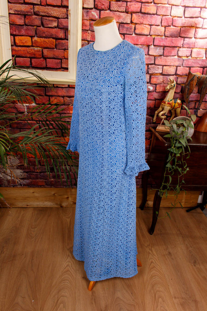 Schlager Abendkleid blau Spitze 60er 70er Abendmode blau Boho Disco Frau Hippie real-boho real-disco S 36-38 Schlager Special vintageberlin.de