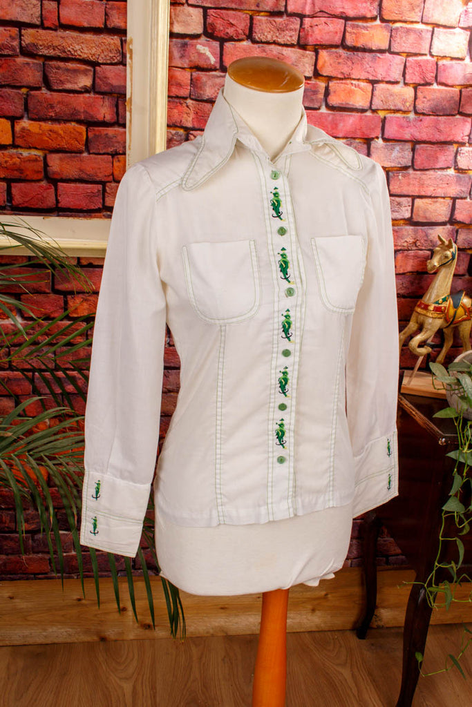 70s Disco Bluse Megakragen süß bestickt 60er 70er beige Boho Disco Frau grün real-disco real-rockabilly Rockabilly S 36-38 Special weiß XS 32-34 vintageberlin.de