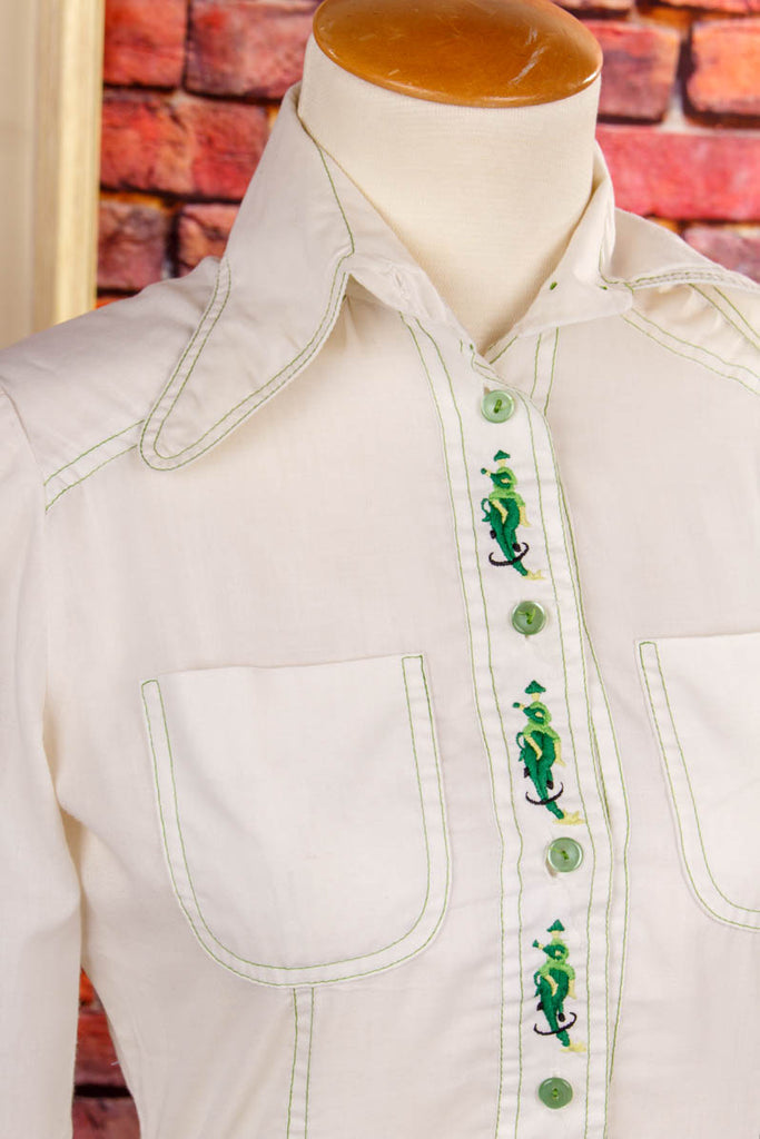 70s Disco Bluse Megakragen süß bestickt 60er 70er beige Boho Disco Frau grün real-disco real-rockabilly Rockabilly S 36-38 Special weiß XS 32-34 vintageberlin.de