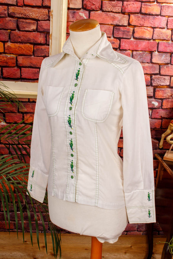 70s Disco Bluse Megakragen süß bestickt 60er 70er beige Boho Disco Frau grün real-disco real-rockabilly Rockabilly S 36-38 Special weiß XS 32-34 vintageberlin.de