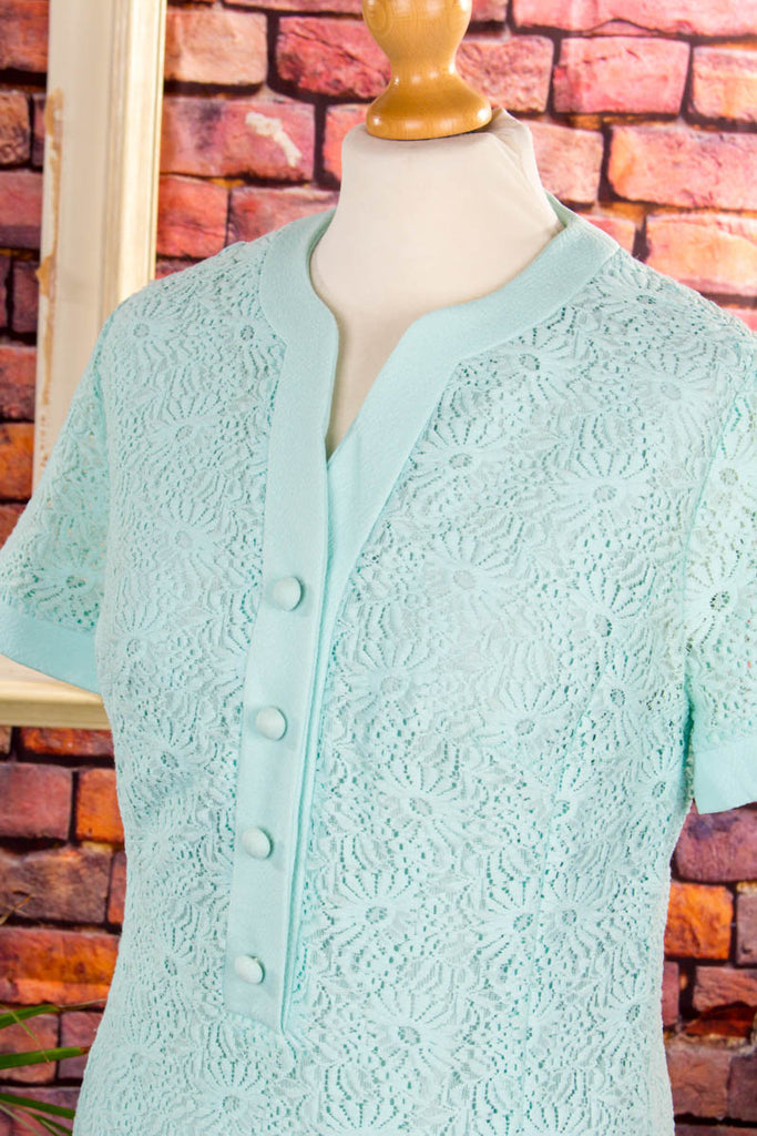 Stretchkleid pastell türkis Spitze 60er 70er Boho Disco Frau M 40-42 real-disco real-rockabilly Rockabilly Schlager Special türkis vintageberlin.de