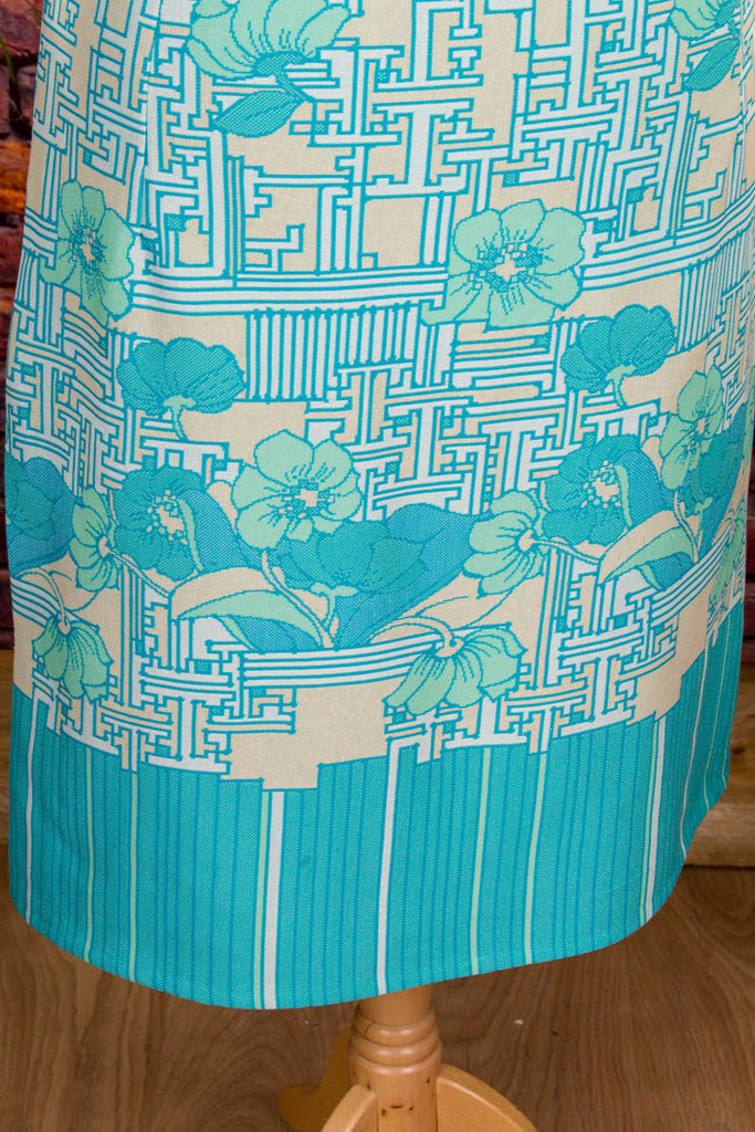 Etuikleid türkis mit Seide 70er beige Boho bunt Disco Frau L 44-46 real-disco real-rockabilly Rockabilly Special türkis vintageberlin.de