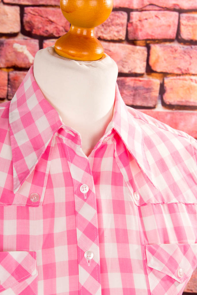 Rockabella Bluse rosa kariert 70er Disco Frau M 40-42 pink real-disco real-rockabilly Rockabilly rosa Special vintageberlin.de