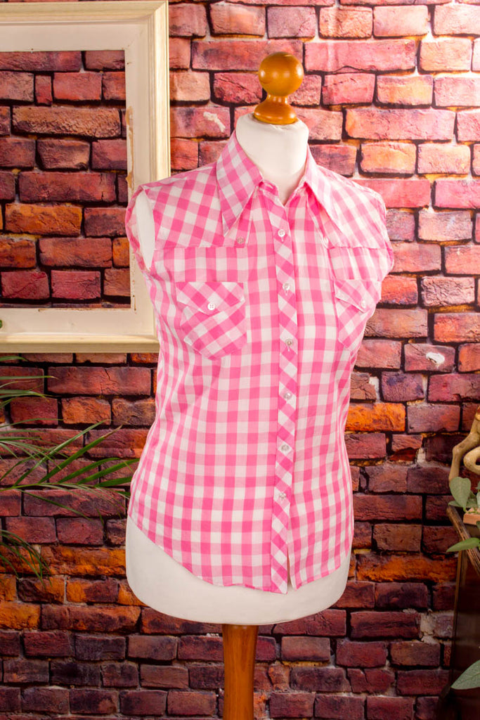 Rockabella Bluse rosa kariert 70er Disco Frau M 40-42 pink real-disco real-rockabilly Rockabilly rosa Special vintageberlin.de
