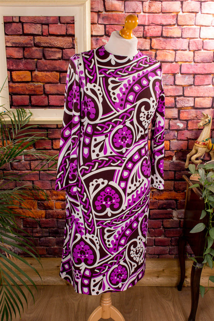 psychedelic Stretchkleid lila Muster 60er 70er Boho bunt Disco Frau L 44-46 lila real-boho real-disco real-rockabilly Rockabilly Schlager Special vintageberlin.de