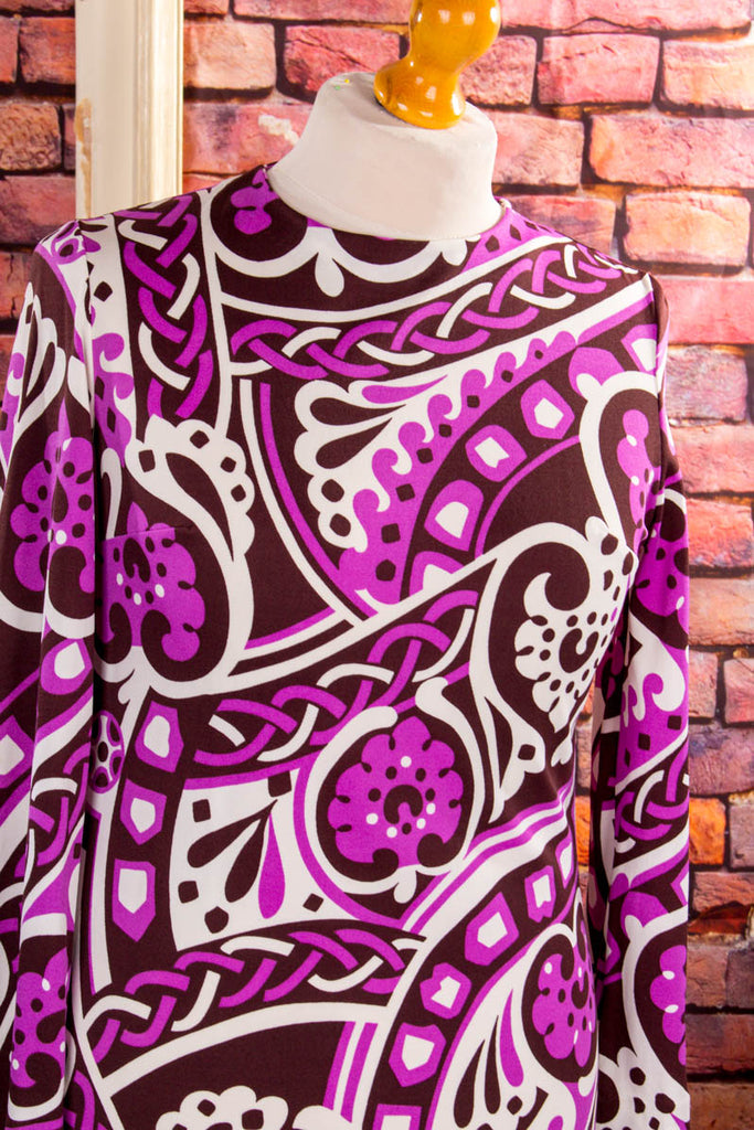 psychedelic Stretchkleid lila Muster 60er 70er Boho bunt Disco Frau L 44-46 lila real-boho real-disco real-rockabilly Rockabilly Schlager Special vintageberlin.de