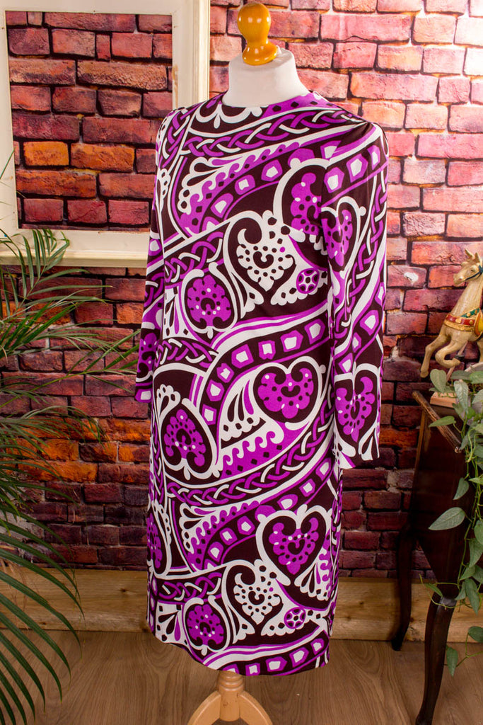 psychedelic Stretchkleid lila Muster 60er 70er Boho bunt Disco Frau L 44-46 lila real-boho real-disco real-rockabilly Rockabilly Schlager Special vintageberlin.de