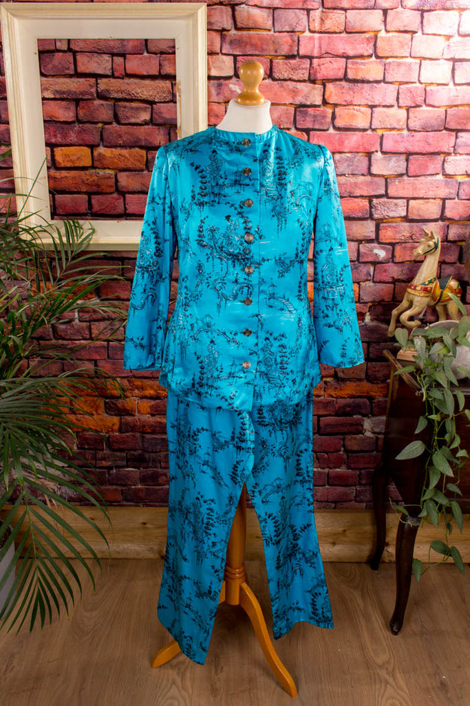 60s Hausanzug türkis Satin 60er Boho Frau real-boho real-disco real-rockabilly Rockabilly S 36-38 Special türkis vintageberlin.de