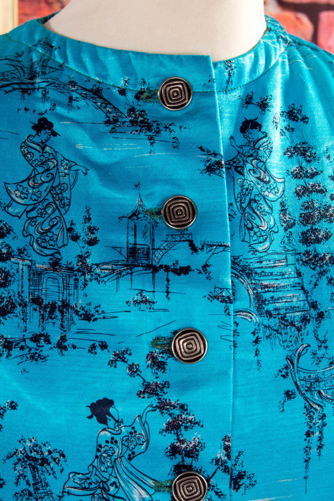 60s Hausanzug türkis Satin 60er Boho Frau real-boho real-disco real-rockabilly Rockabilly S 36-38 Special türkis vintageberlin.de