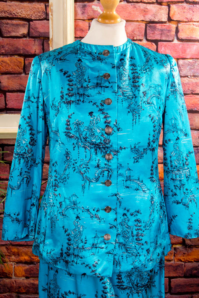 60s Hausanzug türkis Satin 60er Boho Frau real-boho real-disco real-rockabilly Rockabilly S 36-38 Special türkis vintageberlin.de