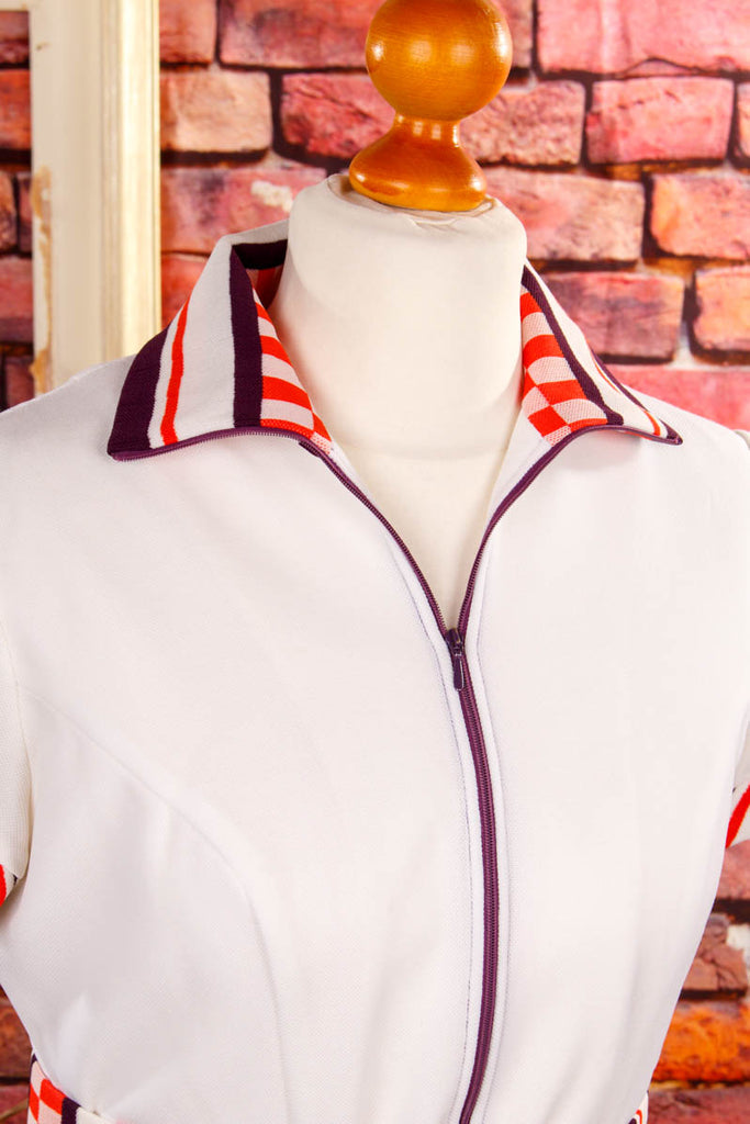 Disco Minikleid weiß rot Muster 60er 70er bunt Disco Frau M 40-42 real-disco real-rockabilly Rockabilly rot Schlager Special weiß vintageberlin.de