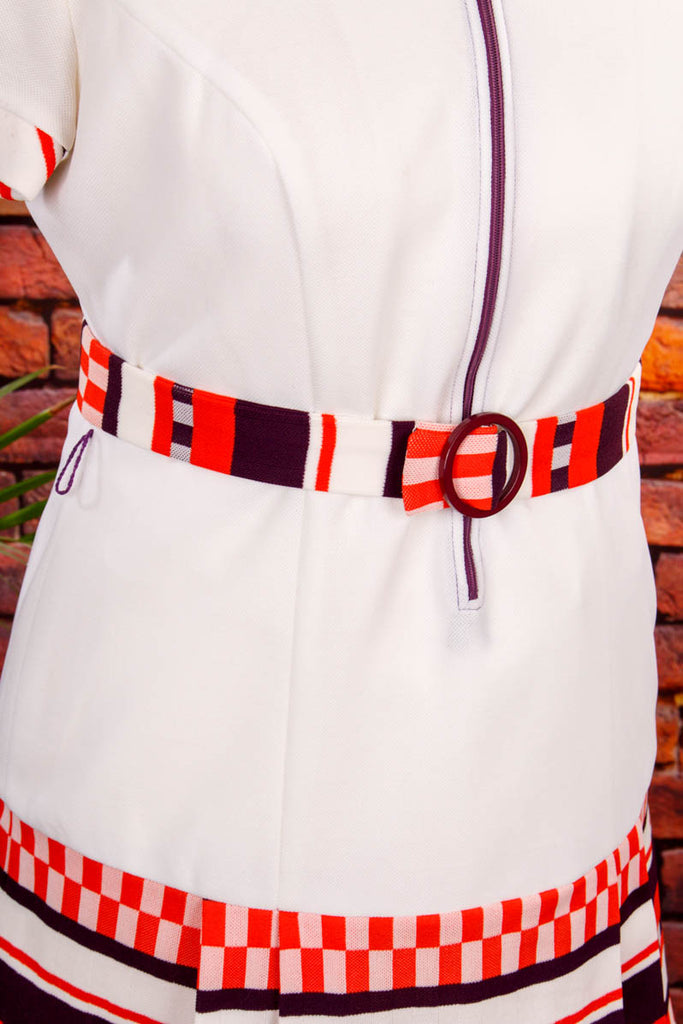 Disco Minikleid weiß rot Muster 60er 70er bunt Disco Frau M 40-42 real-disco real-rockabilly Rockabilly rot Schlager Special weiß vintageberlin.de