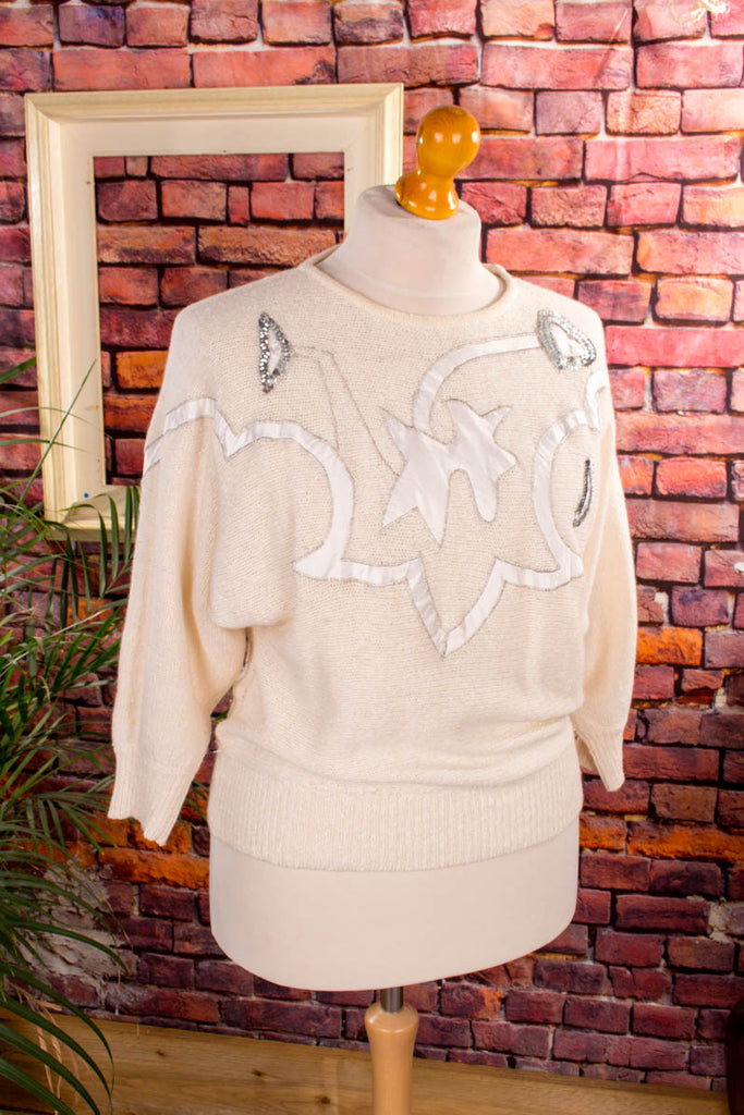 Patchwork Angora Pulli creme 80er 90er beige Boho Frau M 40-42 real-80er Rockabilly S 36-38 Special weiß vintageberlin.de