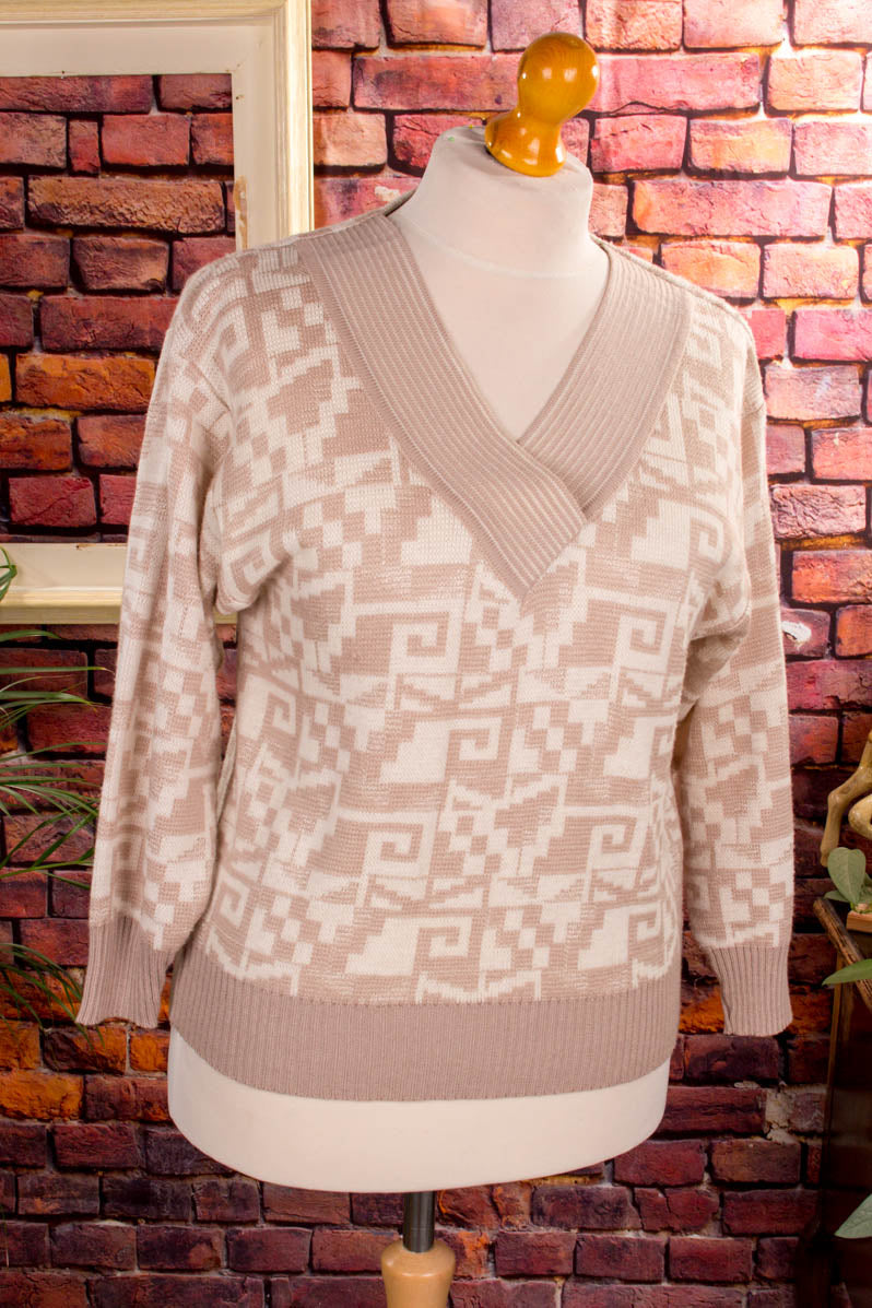 V-Ausschnitt Pulli greige 80er beige Boho Frau M 40-42 real-80er Special vintageberlin.de