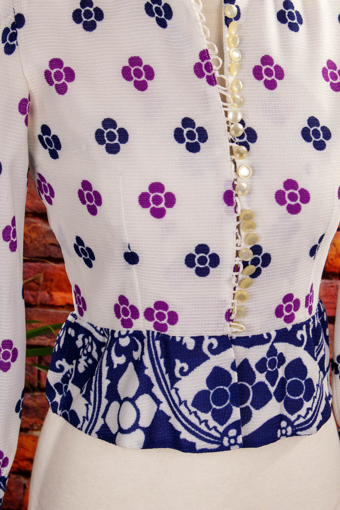 60s Boho Bluse Blumenmuster 60er 70er blau Boho Disco Frau Hippie real-boho real-disco S 36-38 Schlager Special weiß XS 32-34 vintageberlin.de
