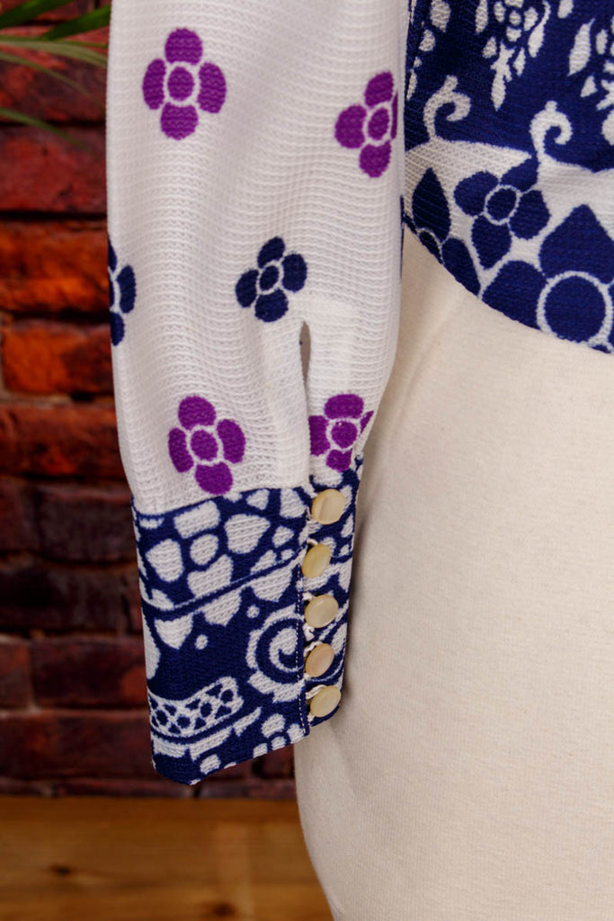 60s Boho Bluse Blumenmuster 60er 70er blau Boho Disco Frau Hippie real-boho real-disco S 36-38 Schlager Special weiß XS 32-34 vintageberlin.de