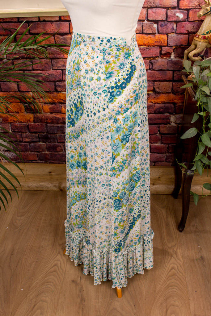 Hippie Maxirock türkis Blumenmuster 60er 70er Boho Frau Hippie real-boho Schlager Special türkis weiß XS 32-34 vintageberlin.de