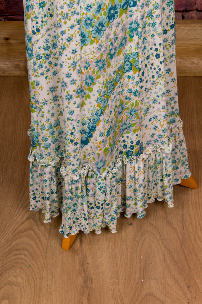 Hippie Maxirock türkis Blumenmuster 60er 70er Boho Frau Hippie real-boho Schlager Special türkis weiß XS 32-34 vintageberlin.de