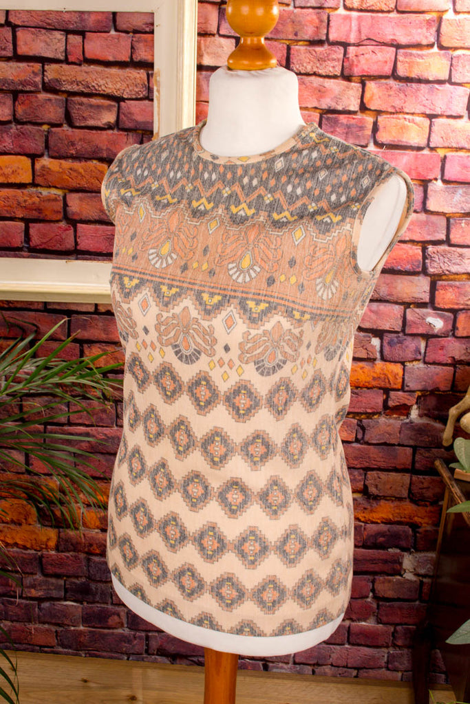 70s Disco Tunika Top beige Muster 60er 70er beige Boho Disco Frau Hippie M 40-42 real-boho Schlager Special vintageberlin.de