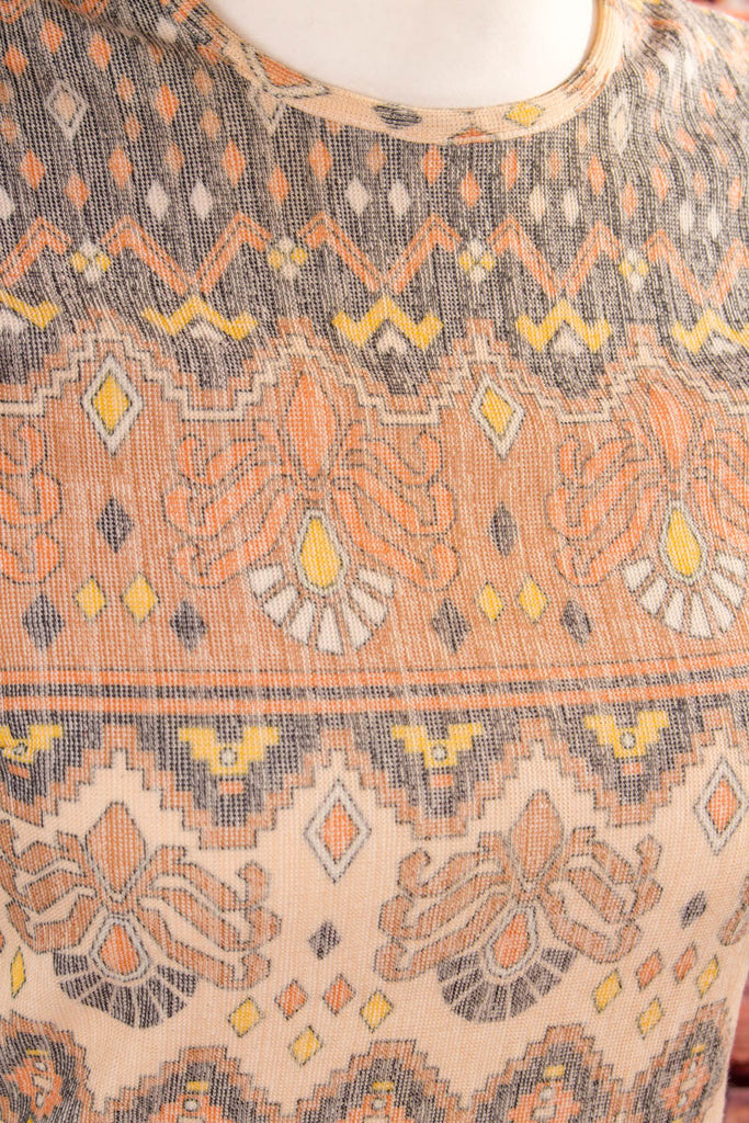 70s Disco Tunika Top beige Muster 60er 70er beige Boho Disco Frau Hippie M 40-42 real-boho Schlager Special vintageberlin.de