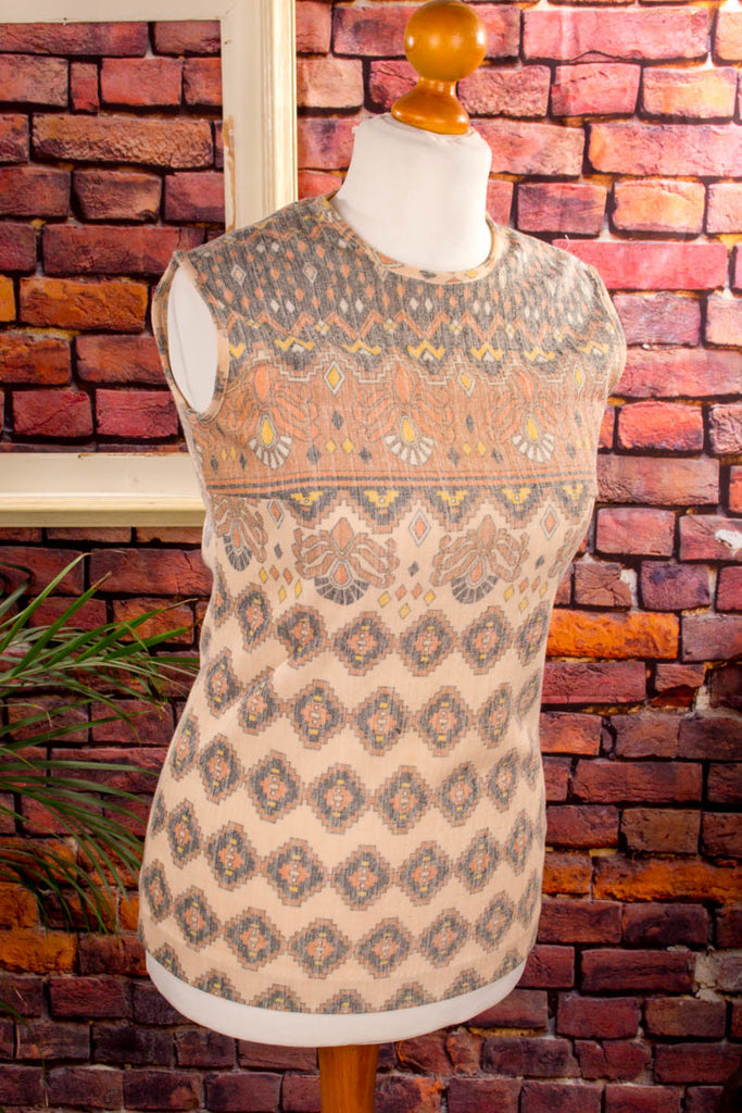 70s Disco Tunika Top beige Muster 60er 70er beige Boho Disco Frau Hippie M 40-42 real-boho Schlager Special vintageberlin.de