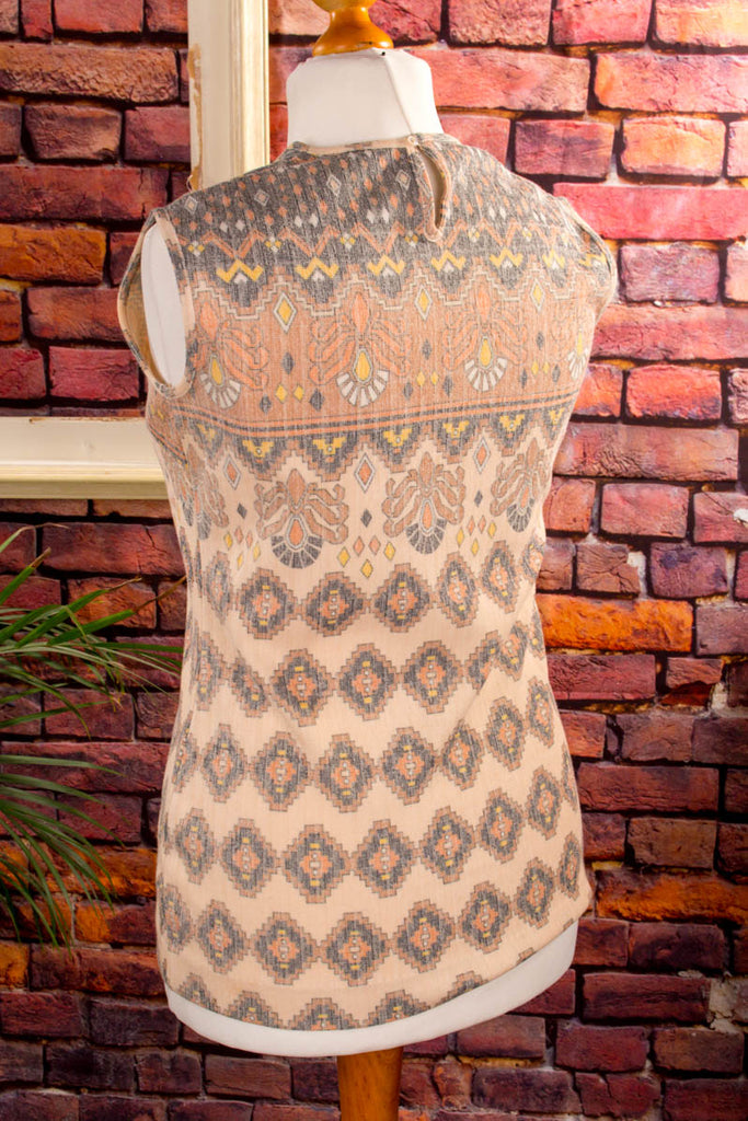 70s Disco Tunika Top beige Muster 60er 70er beige Boho Disco Frau Hippie M 40-42 real-boho Schlager Special vintageberlin.de