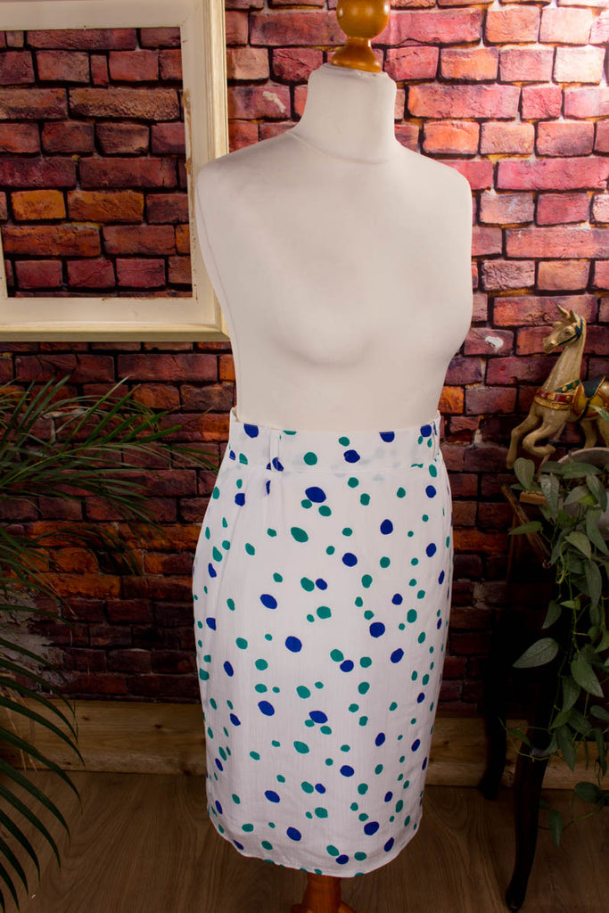 Bleistiftrock weiß Punkte 80er 90er blau Disco Frau M 40-42 Rockabilly Sekretärin Special türkis weiß vintageberlin.de