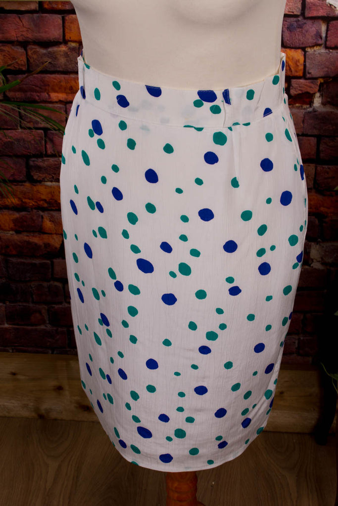 Bleistiftrock weiß Punkte 80er 90er blau Disco Frau M 40-42 Rockabilly Sekretärin Special türkis weiß vintageberlin.de