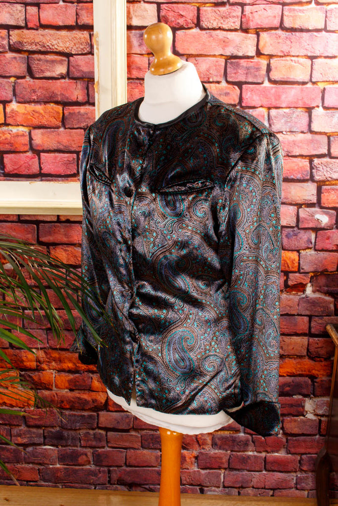 Paisley Samt Blazer festlich 80er 90er Abendmode Boho bunt Disco Frau S 36-38 Special vintageberlin.de