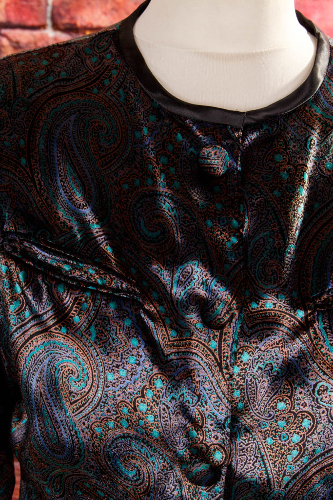 Paisley Samt Blazer festlich 80er 90er Abendmode Boho bunt Disco Frau S 36-38 Special vintageberlin.de