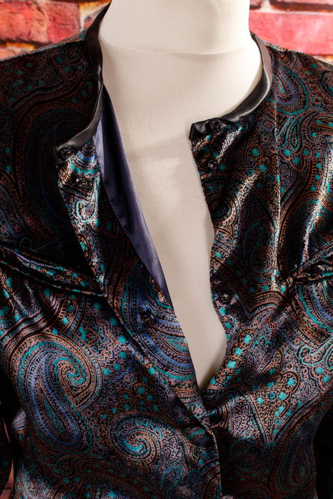 Paisley Samt Blazer festlich 80er 90er Abendmode Boho bunt Disco Frau S 36-38 Special vintageberlin.de