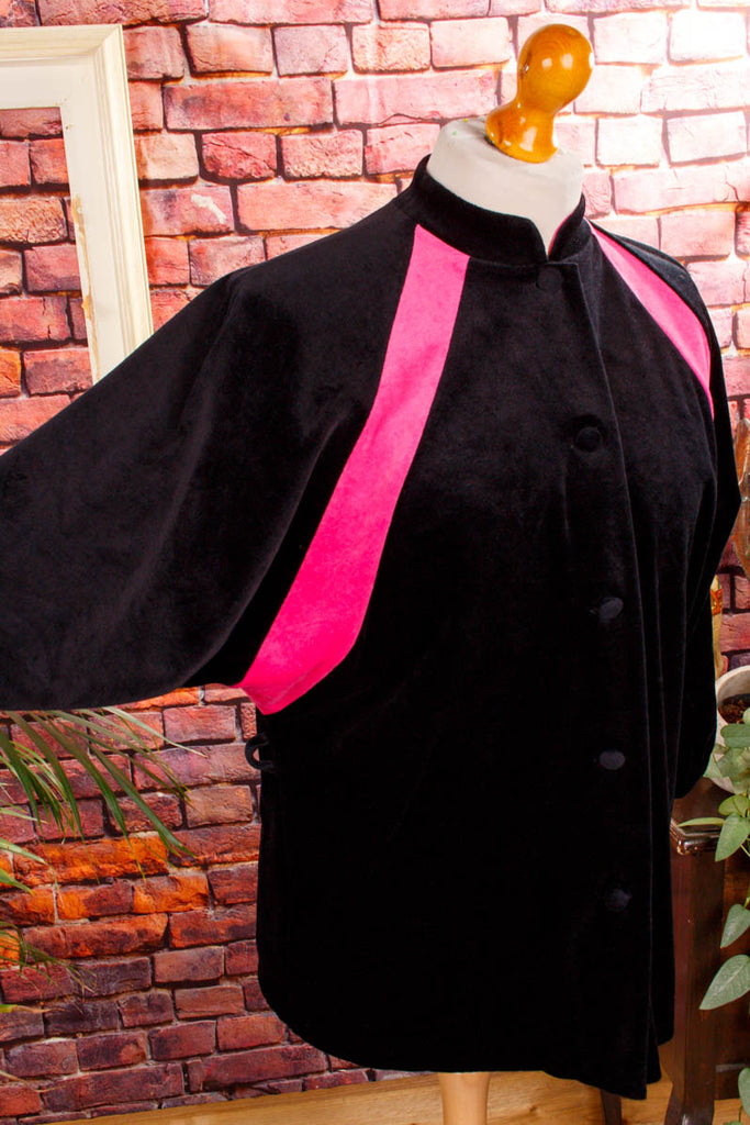 Boho Samt Frottee Jacke schwarz pink 80er 90er Boho Disco Frau L 44-46 pink Rockabilly schwarz Sekretärin Special vintageberlin.de