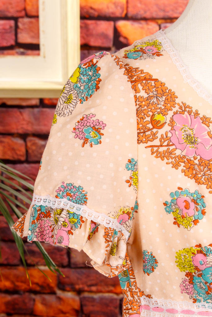Vintage Hauskleid Nachthemd bunt 60er 70er beige Boho bunt Frau Hippie real-disco real-rockabilly Rockabilly S 36-38 Special vintageberlin.de